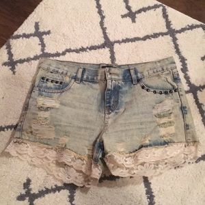 Denim shorts with lace detailing